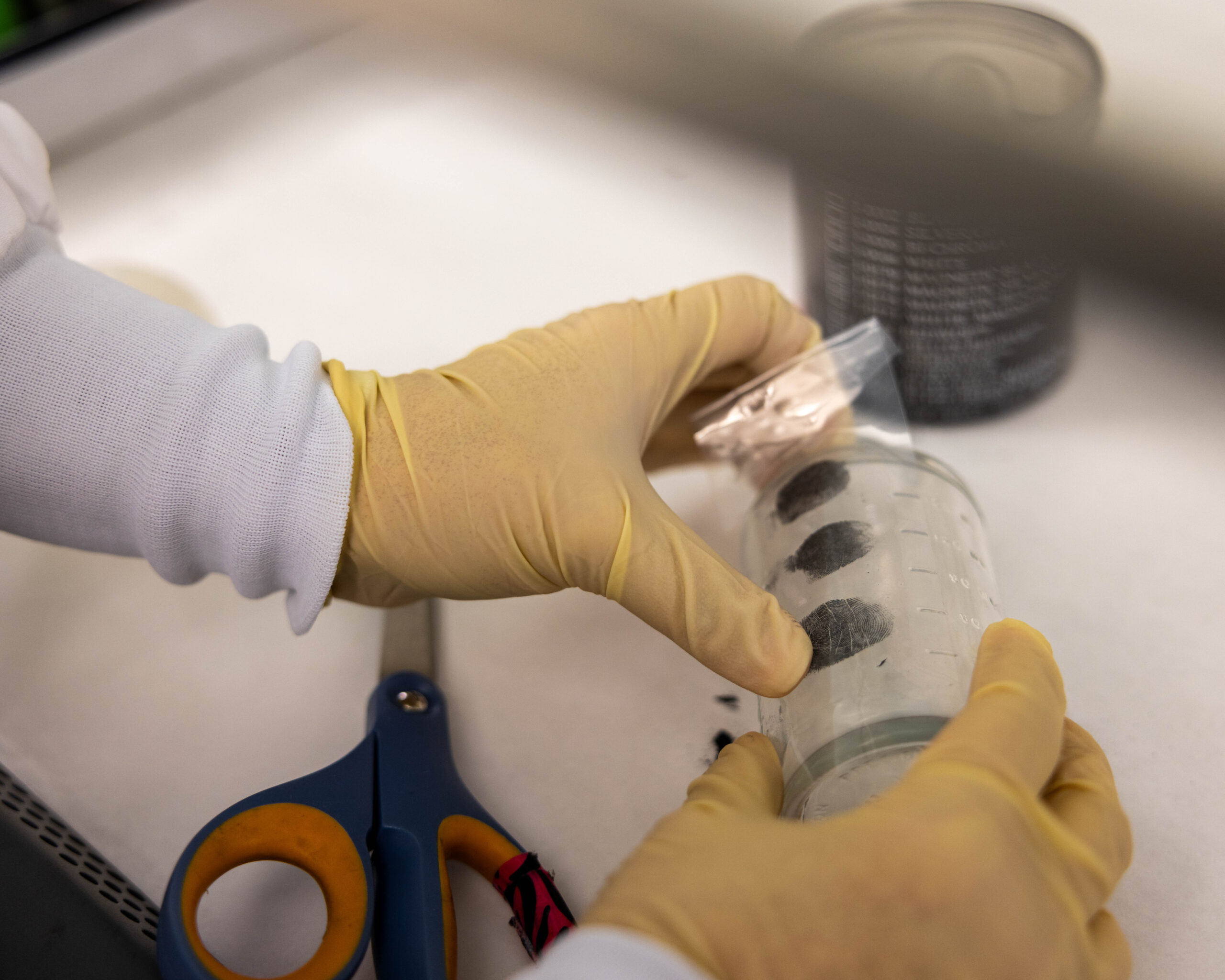 A fingerprint analyst uses tape to get fingerprints off a glass jar